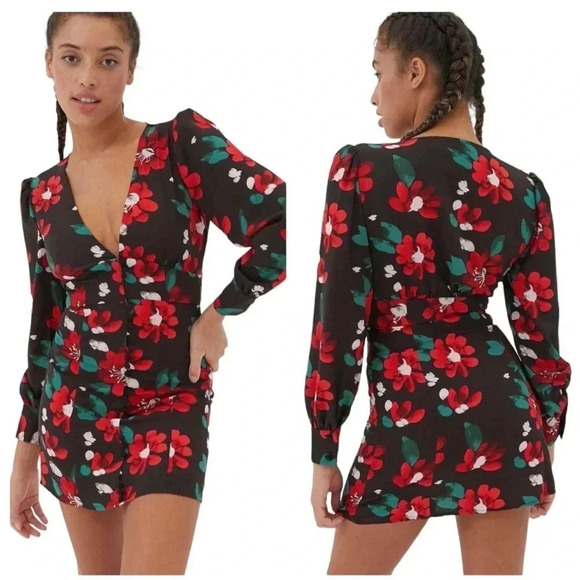 Urban Outfitters Dresses & Skirts - URBAN OUTFITTERS | Michelle Plunging Red & Black Floral Mini Dress Size XS